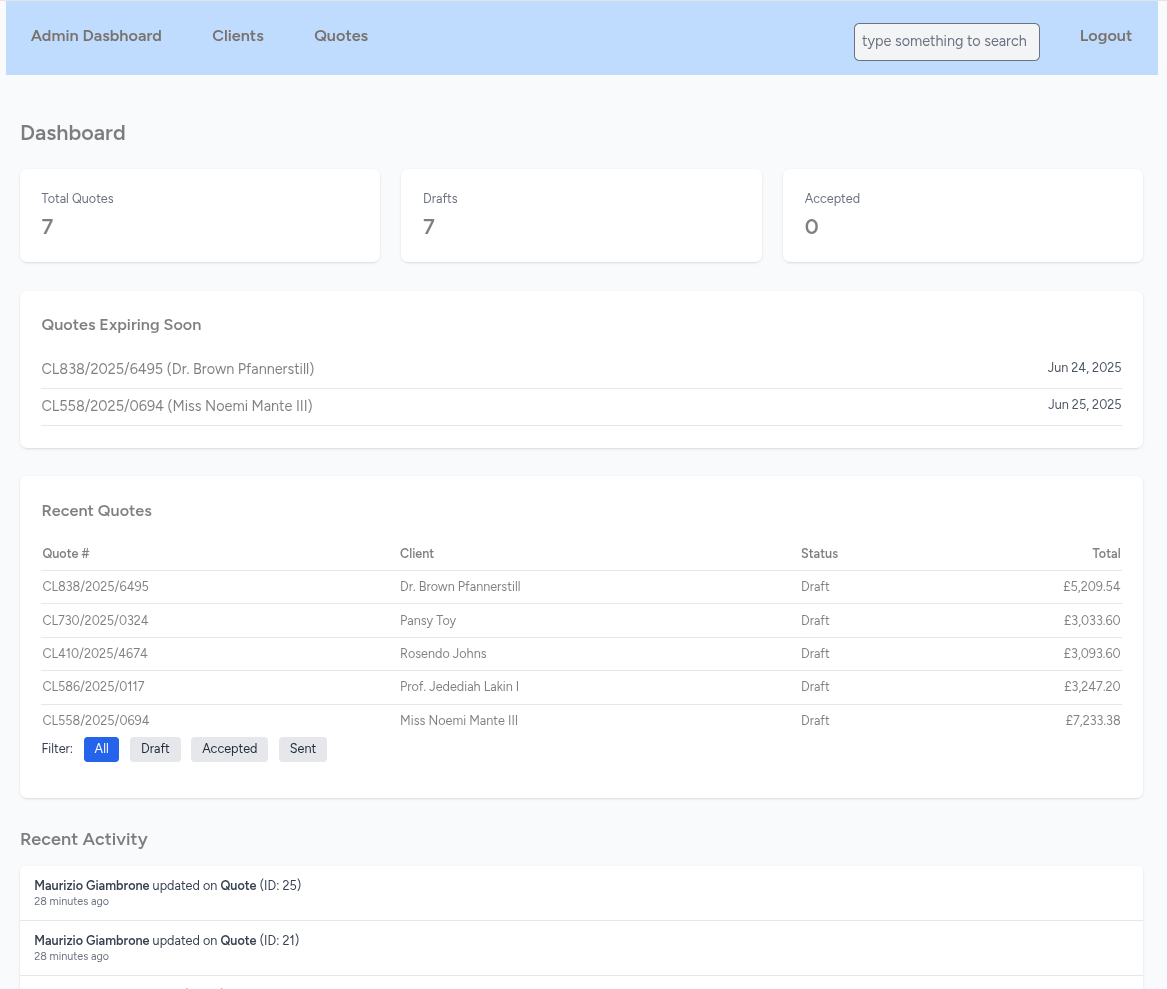 Quote Builder dashboard